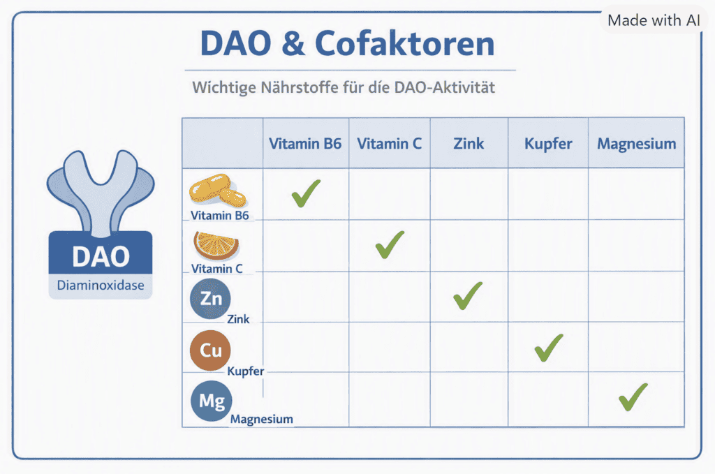 Tabelle zu Nährstoffen für DAO-Aktivität bei Histaminintoleranz.