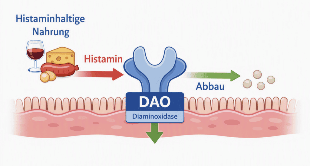 Diagramm zeigt Histaminabbau durch DAO im Darm bei Histaminintoleranz.