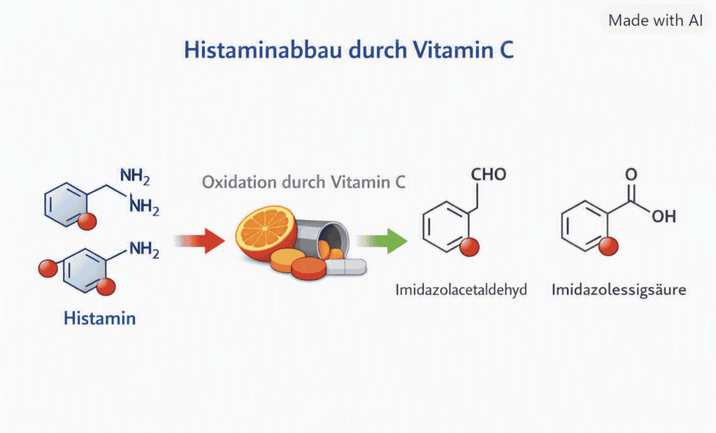 Diagramm zeigt den Abbau von Histamin durch Vitamin C.