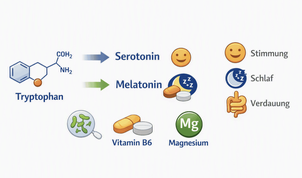 Tryptophan beeinflusst Serotonin und Melatonin für Stimmung und Schlaf.